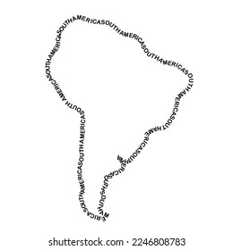 South America map continent along contour of recurring english black words name 