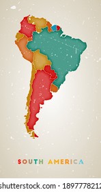 South America map. Continent poster with colored regions. Old grunge texture. Vector illustration of South America with continent name.