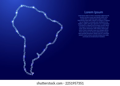 South America map country along contour of recurring english blue words name and glowing space stars 