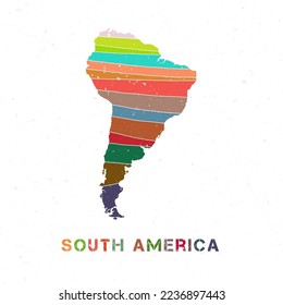 South America map design. Shape of the continent with beautiful geometric waves and grunge texture. Authentic vector illustration.
