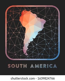 South America map design. Vector low poly map of the continent. South America icon in geometric style. The continent shape with polygonal gradient and mesh on dark background.