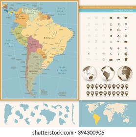 South America Map Detailed with Navigation Icon Set. Vintage Colors. All elements are separated in editable layers clearly labeled.