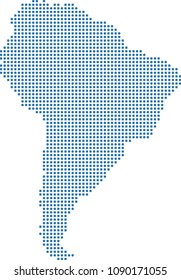 South America map dots vector outline blue background. Dotted map of South America continent. Creative pixel art map of South America with highly detailed border prepared by a map expert