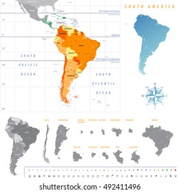 South America map with each country map separately isolated on white background. All layers detachable and labeled. Vector set