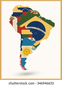 South America Map With Flags And Vintage Colors.