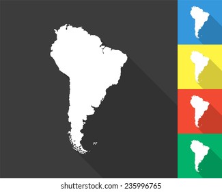 South America map - gray and colored (blue, yellow, red, green) vector illustration with long shadow