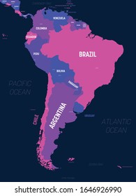 South America map. High detailed political map South American continent with country, capital, ocean and sea names labeling.