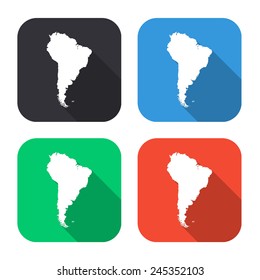 South America map icon - colored illustration (gray, blue, green, red) with long shadow