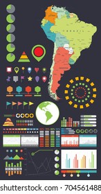 South America map and Infographics design elements. Business template in flat style for presentation, booklet, website and other creative projects.