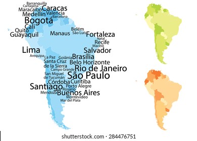 South America map with largest cities. Carefully scaled text by city population. Geographically correct.
