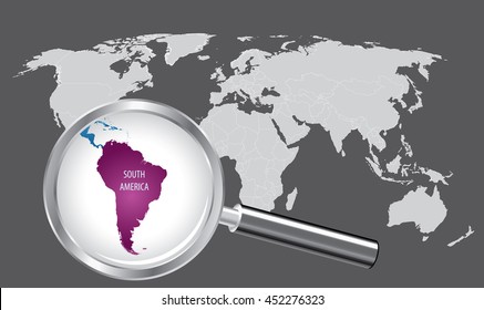 South America Map with magnifying loupe