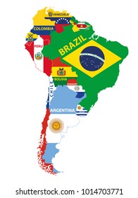 South America Map Mixed With Countries Flags. Vector Illustration 