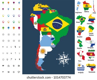 South America map mixed with countries flag. Vector illustration 