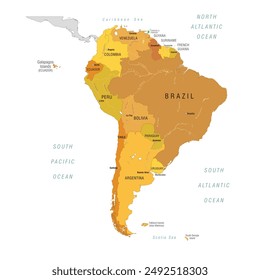 Mapa de Sudamérica en color monocromo separado por Country. Mapa político detallado de América del Sur. Ilustración vectorial aislada, eps