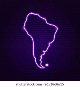Mapa da América do Sul Neon Continent. Ilustração em Arte Brilhante Vetorial de Forma Geográfica. Geografia e Cartografia. Objeto De Lâmpada De Led.