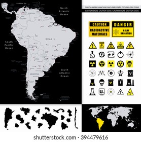 South America Map And Nuclear Power Technology Icons. All elements are separated in editable layers clearly labeled.