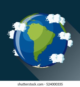 Mapa sudamericano del planeta Tierra, vista desde el espacio. Icono mundial de Sudamérica. Planeta Tierra mapa del mundo con océano azul, continentes verdes y nubes alrededor. Ilustración vectorial plana estilo caricatura.