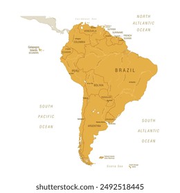 Mapa de Sudamérica en color oro anaranjado y línea Country Separado. Mapa político detallado de América del Sur. Ilustración vectorial aislada, eps