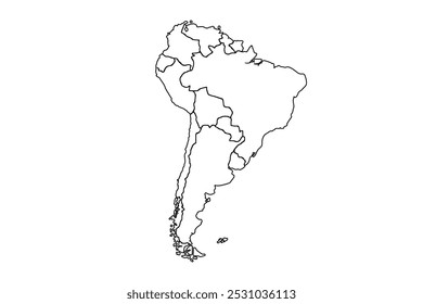 South America map outline, linear doodle illustration. isolated on white background for website layouts,background,education, precise,customizable,Travel worldwide,map silhouette backdrop.