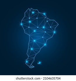 Mapa sudamericano con formas poligonómicas brillantes. Mapa mundial de continente lineal con puntos de luz. Mapa sudamericano con elementos de línea triangular. Vector aislado en fondo de degradado azul. 