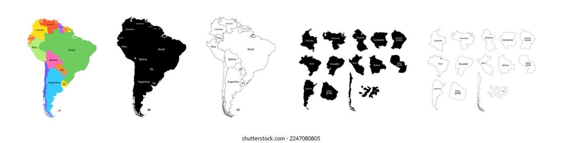 South America map. Set from selected countries. Silhouette, color and line style.