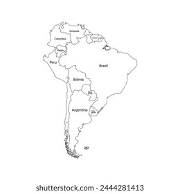 South America map. Set from selected countries. Silhouette, color and line style.