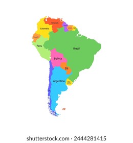 South America map. Set from selected countries. Silhouette, color and line style.