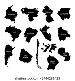 South America map. Set from selected countries. Silhouette, color and line style.