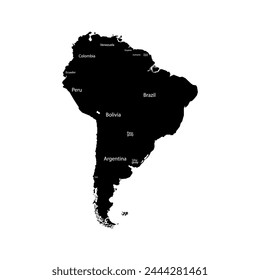 South America map. Set from selected countries. Silhouette, color and line style.