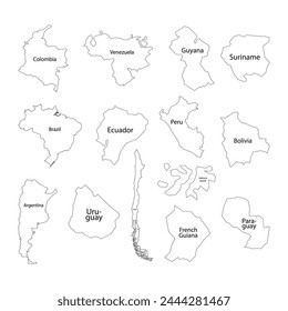 South America map. Set from selected countries. Silhouette, color and line style.