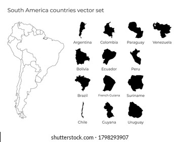 South America map with shapes of regions. Blank vector map of the continent with countries. Borders of the continent for your infographic. Vector illustration.