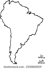 South America Map silhouette, continuous line drawing, hand drawn doodle style map