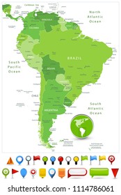 South America Map Spot Green Colors and glossy icons. Detailed vector illustration of map.