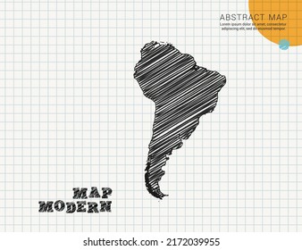 South America map of vector black silhouette chaotic hand drawn scribble sketch on grid paper used for notes or decoration.