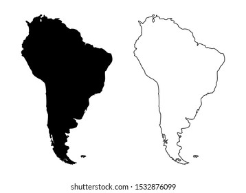 South America Map Vector Blank Silhouette and Black Outline Isolated on White Background