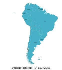 South America map vector with country names in WGS 1984 Web Mercator