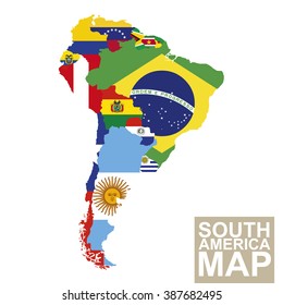 South America Map. Vector Map Of South America With Flags. Vector Illustration.