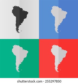 South America map vector icon. Effect of folded paper. Colored (red, blue, green) illustrations. Flat design