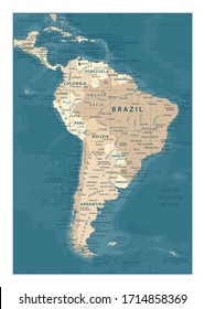 South America Map - Vintage Detailed Vector Illustration