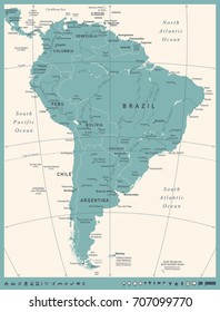 South America Map - Vintage Detailed Vector Illustration