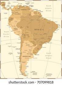 South America Map - Vintage Detailed Vector Illustration