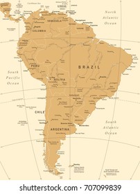 South America Map - Vintage Detailed Vector Illustration