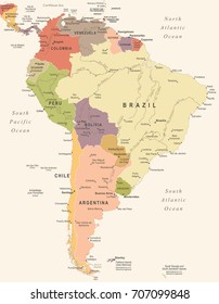 South America Map - Vintage Detailed Vector Illustration