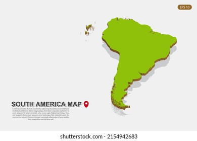 South America Map - World map International vector template with isometric style including shadow, green and brown color isolated on white background for design - Vector illustration eps 10