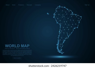 South America Map - World Map mash line and point scales on blue technology background. Wire Frame 3D mesh polygonal network line, design sphere, dot and structure - Vector illustration eps 10