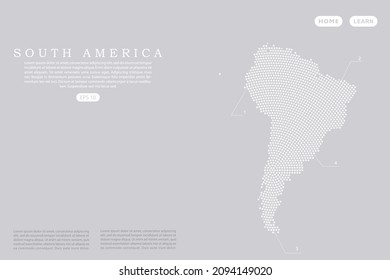 South America Map - World map vector template with White dots, grid, grunge, halftone style isolated on grey background for education, infographic, design, website - Vector illustration eps 10