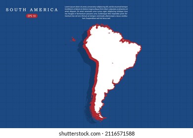 South America Map - World map vector template with isometric style with white and red color including shadow on Blue grid background for website, design, infographic - Vector illustration eps 10
