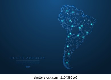 Mapa de Sudamérica - Mapa mundial del vector de mapa con placa de circuitos abstracto futurista Ilustración o línea de máscaras de tecnología de alta tecnología y escalas de puntos sobre fondo oscuro - Ilustración vectorial ep 10 