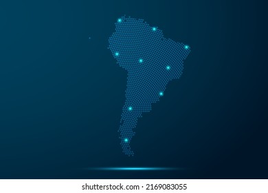 Mapa de Sudamérica - Plantilla vectorial del Mapa Mundial con puntos, rejilla, grunge, estilo y luz de medio tono, línea de red, esfera de diseño sobre fondo de tecnología azul - Ilustración vectorial eps 10