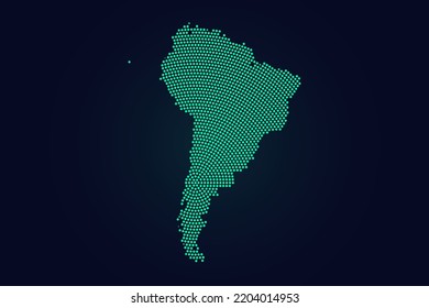 Mapa de Sudamérica - Mapa mundial de vector de mapa con puntos verdes, cuadrícula, grunge, estilo de medio tono aislado en el fondo oscuro para la educación, infografía, diseño, sitio web - Ilustración vectorial eps 10